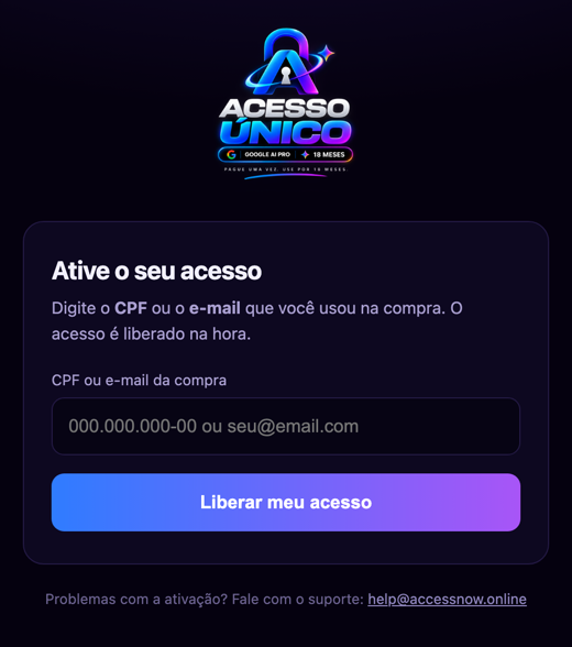 Tela da página de ativação do Acesso Único