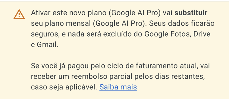Aviso do Google sobre substituição do plano e reembolso proporcional